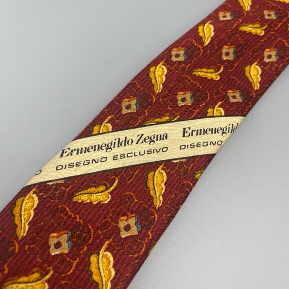 Ermenegildo Zegna Red‎ Gold Leaves Tie 100% Silk Necktie Made in Italy - Picture 9 of 9